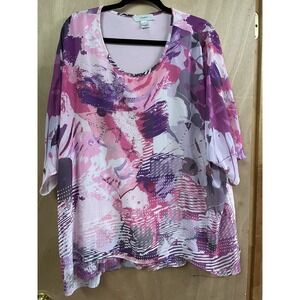 CJ Banks Womens Plus 2X Pink Purple Abstract Floral Scoop Neck Blouse Top
